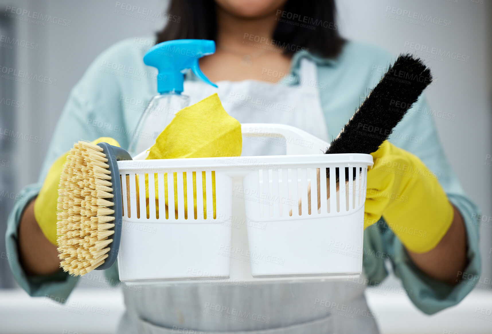 Buy stock photo Hands, cleaner or woman with basket, supplies or spray bottle for bacteria, wellness or dirty mess in kitchen. Home, maid closeup or janitor ready to start washing with product, liquid soap or gloves