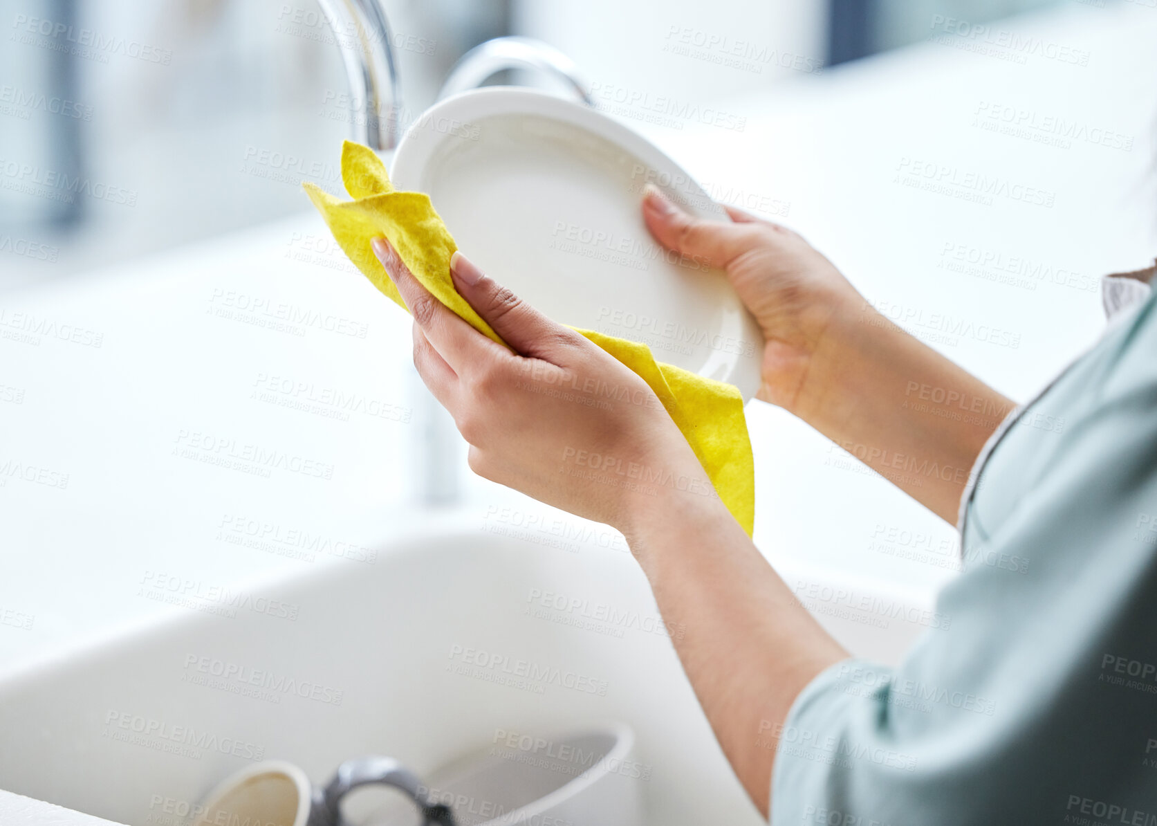 Buy stock photo Kitchen, washing dishes or person with plate, hands and cloth cleaning in sink or basin in healthy home. Dirty, messy germs or maid cleaner with liquid foam to disinfect, protect and prevent bacteria