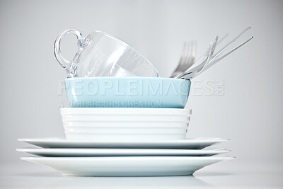 Buy stock photo Closeup shot of clean dishes standing on a table
