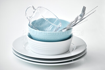 Buy stock photo Closeup shot of clean dishes standing on a table