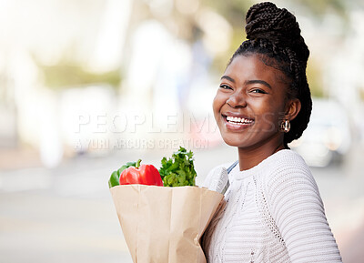 Buy stock photo Portrait, grocery shopping and black woman with a bag, discount and happiness with healthy products, items and retail. Face, female person and shopper with sale, produce and customer with nutrition