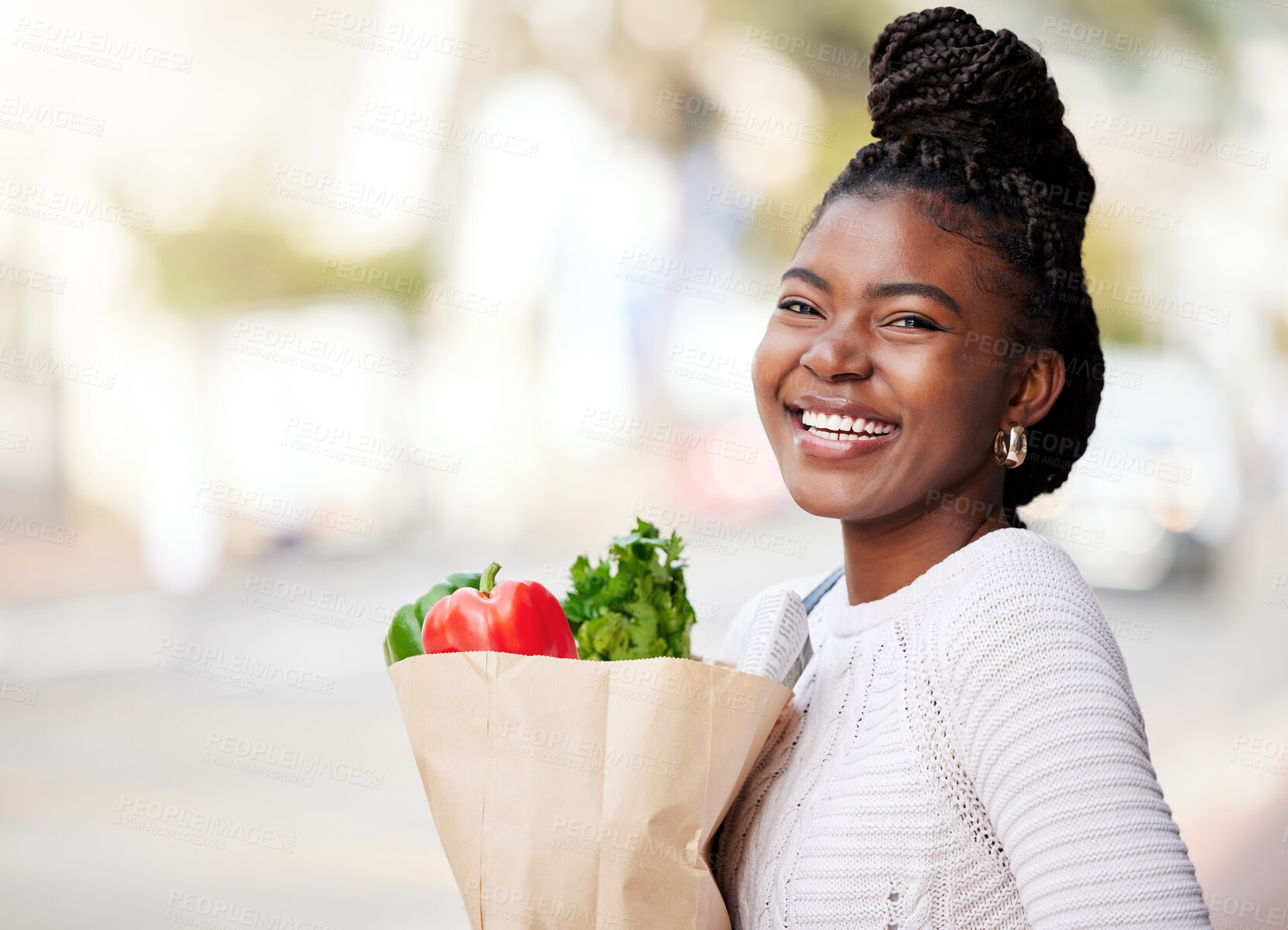 Buy stock photo Portrait, grocery shopping and black woman with a bag, discount and happiness with healthy products, items and retail. Face, female person and shopper with sale, produce and customer with nutrition
