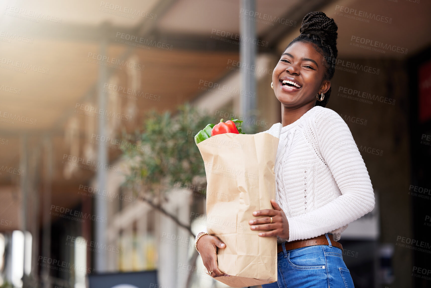 Buy stock photo Bag, groceries and black woman for shopping, outside and vegetables for healthy food. Face, smile and happy for promo and discount on sale for produce, female person and customer in city supermarket
