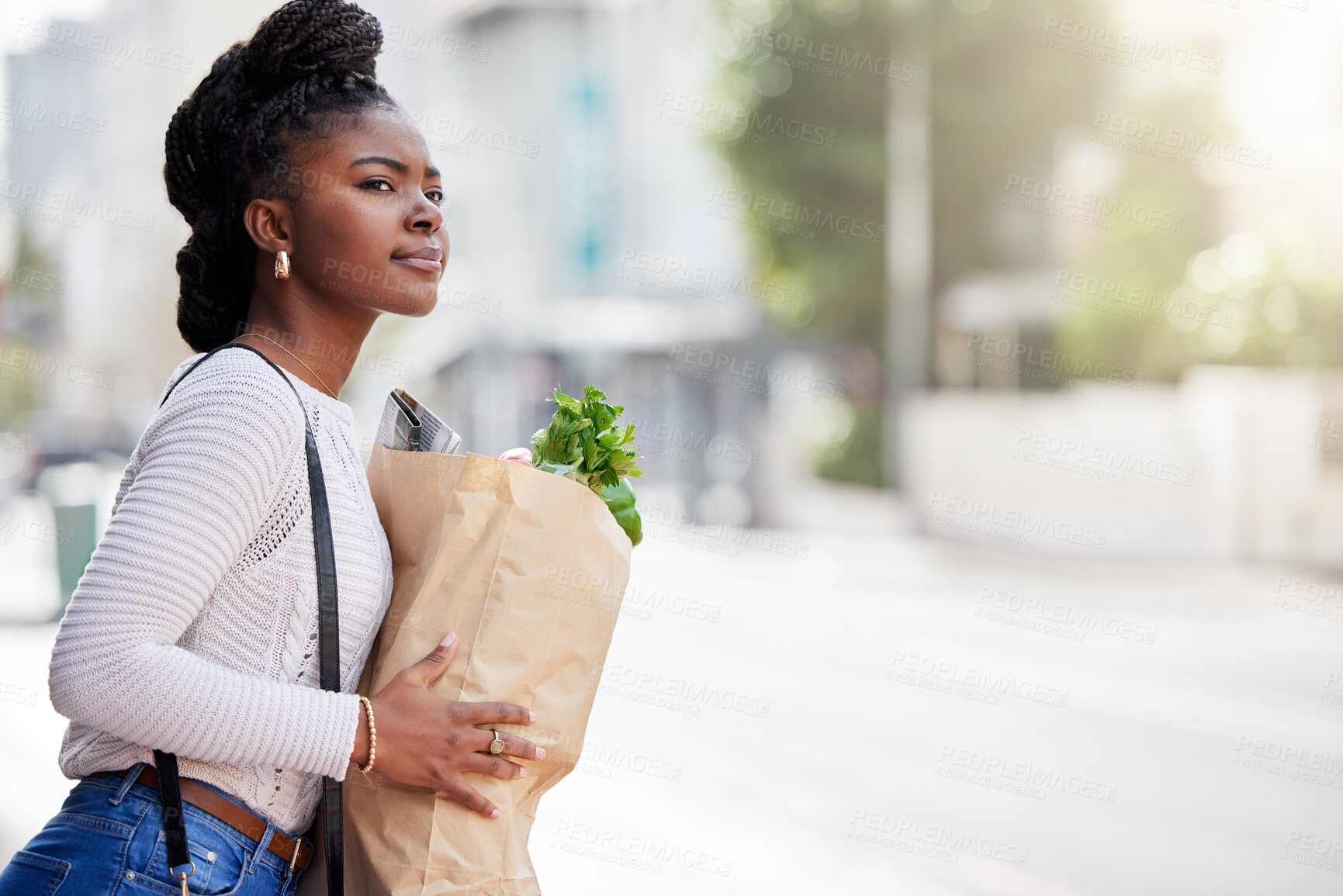 Buy stock photo Bag, groceries and black woman for shopping, outside and vegetables for healthy food. Search, transport and travel with organic wellness produce, female person and city and urban from supermarket