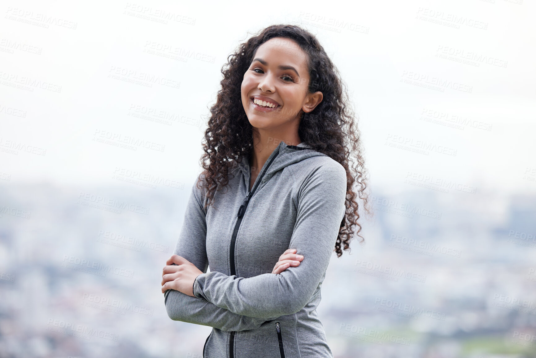 Buy stock photo Portrait, outdoor and woman with arms crossed, fitness and smile with confidence, progress and balance. Face, happy person and runner in nature, pride and training with exercise, challenge or workout