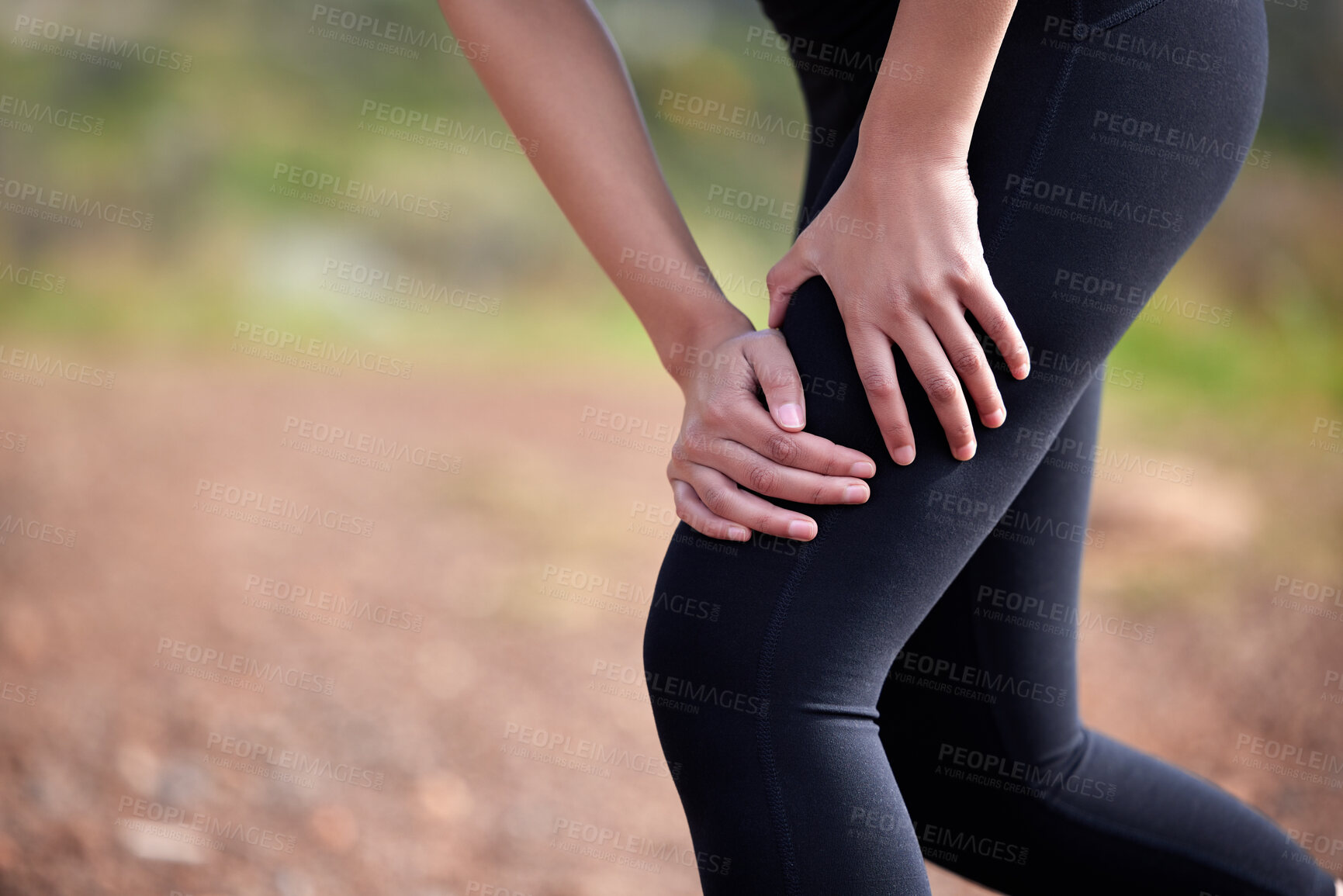 Buy stock photo Hands, leg pain and injury outdoor from accident, workout or training for health in nature. Knee, muscle problem and person with arthritis, fibromyalgia or medical osteoporosis after fitness exercise