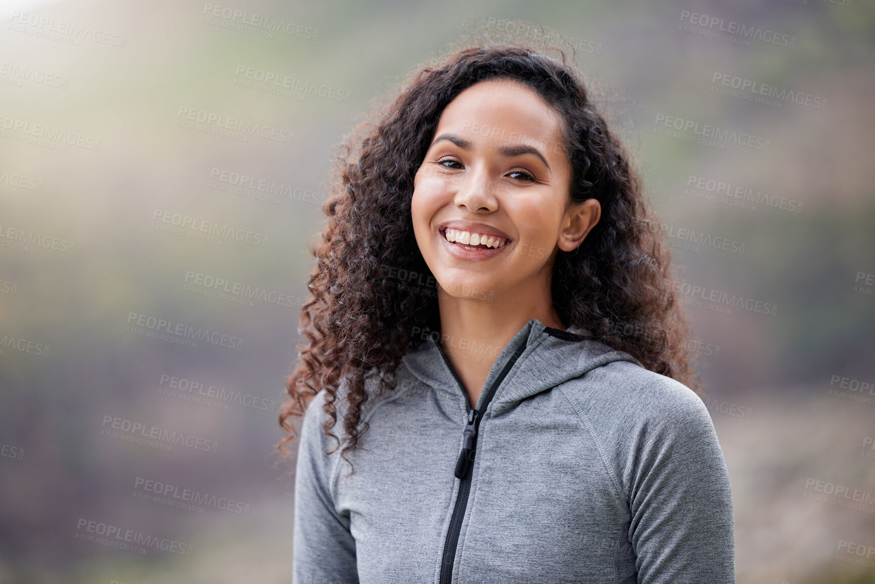 Buy stock photo Athlete, portrait or happy woman in nature for workout, training or exercise with smile or confidence. Sports person, girl or female runner in park running, hiking or wellness for fitness or rest