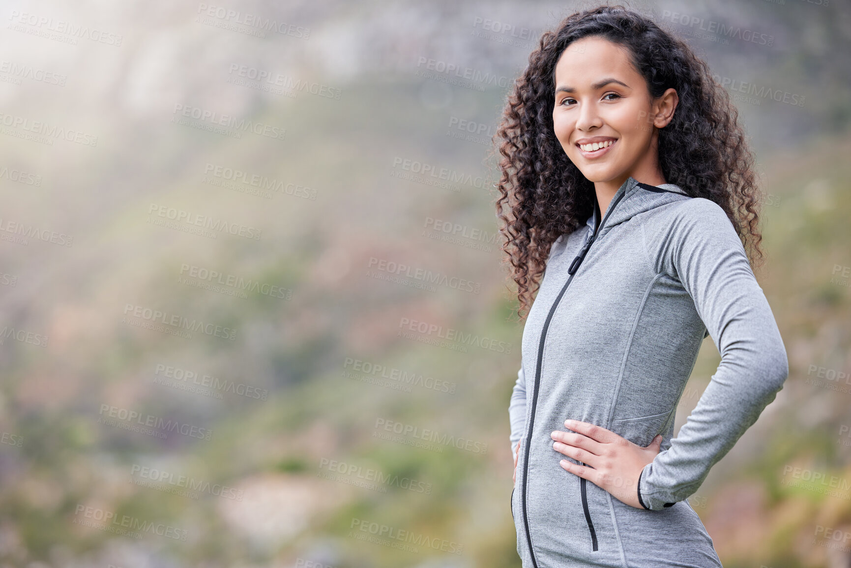 Buy stock photo Happy, portrait or woman on mountain for workout, training or exercise with pride, smile or confidence. Sports person, girl or runner in nature for running, hiking or wellness for fitness or break