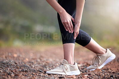 Buy stock photo Hands, leg pain and injury outdoor from workout, accident or training for health in nature. Calf, muscle strain and person with arthritis, fibromyalgia or medical osteoporosis after fitness exercise