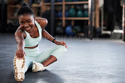 Buy stock photo Fitness, portrait or girl stretching legs for gym workout routine or body movement for wellness. Happy, athlete or healthy black woman smiling in exercise training warm up for flexibility or mobility