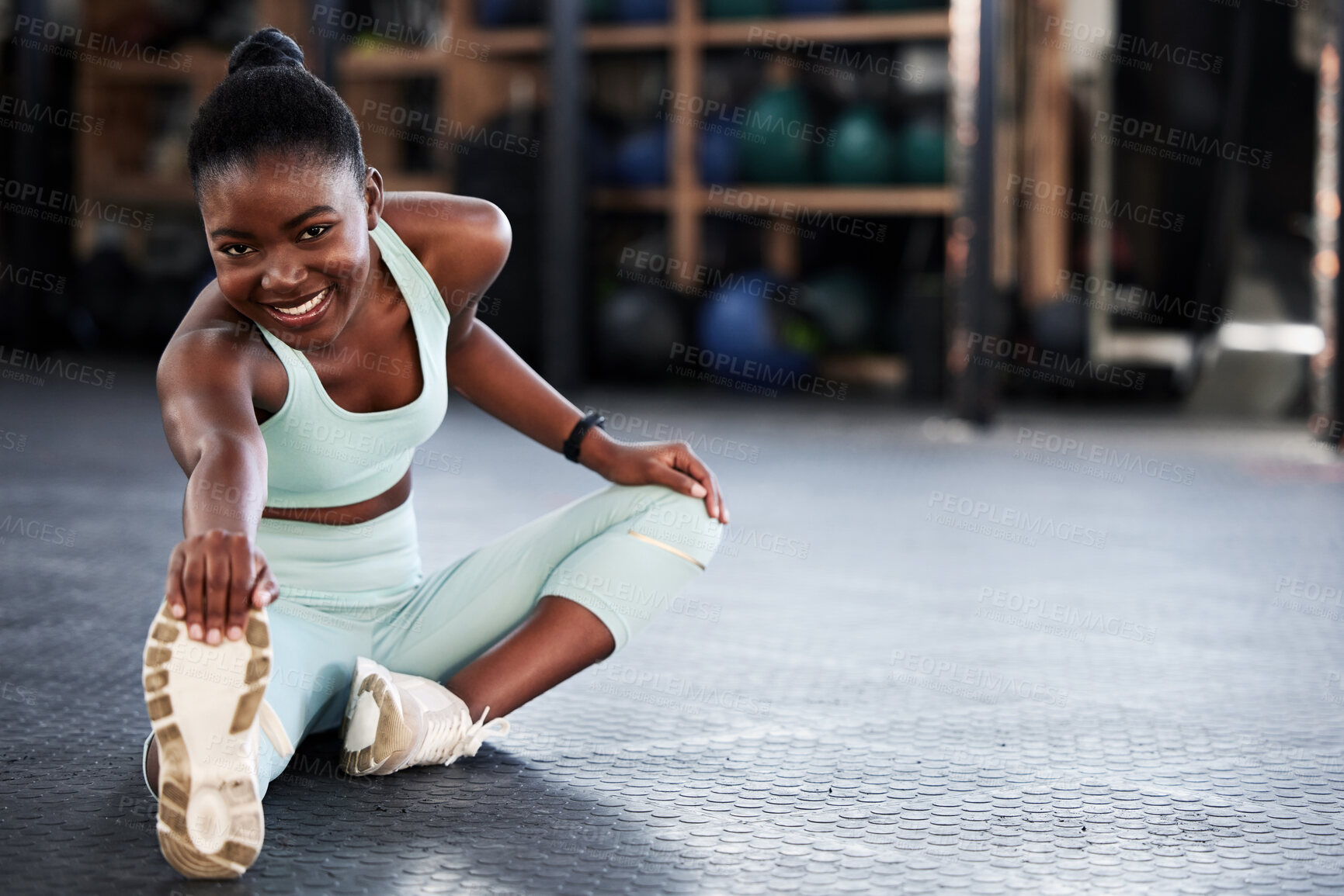 Buy stock photo Fitness, portrait or girl stretching legs for gym workout routine or body movement for wellness. Happy, athlete or healthy black woman smiling in exercise training warm up for flexibility or mobility