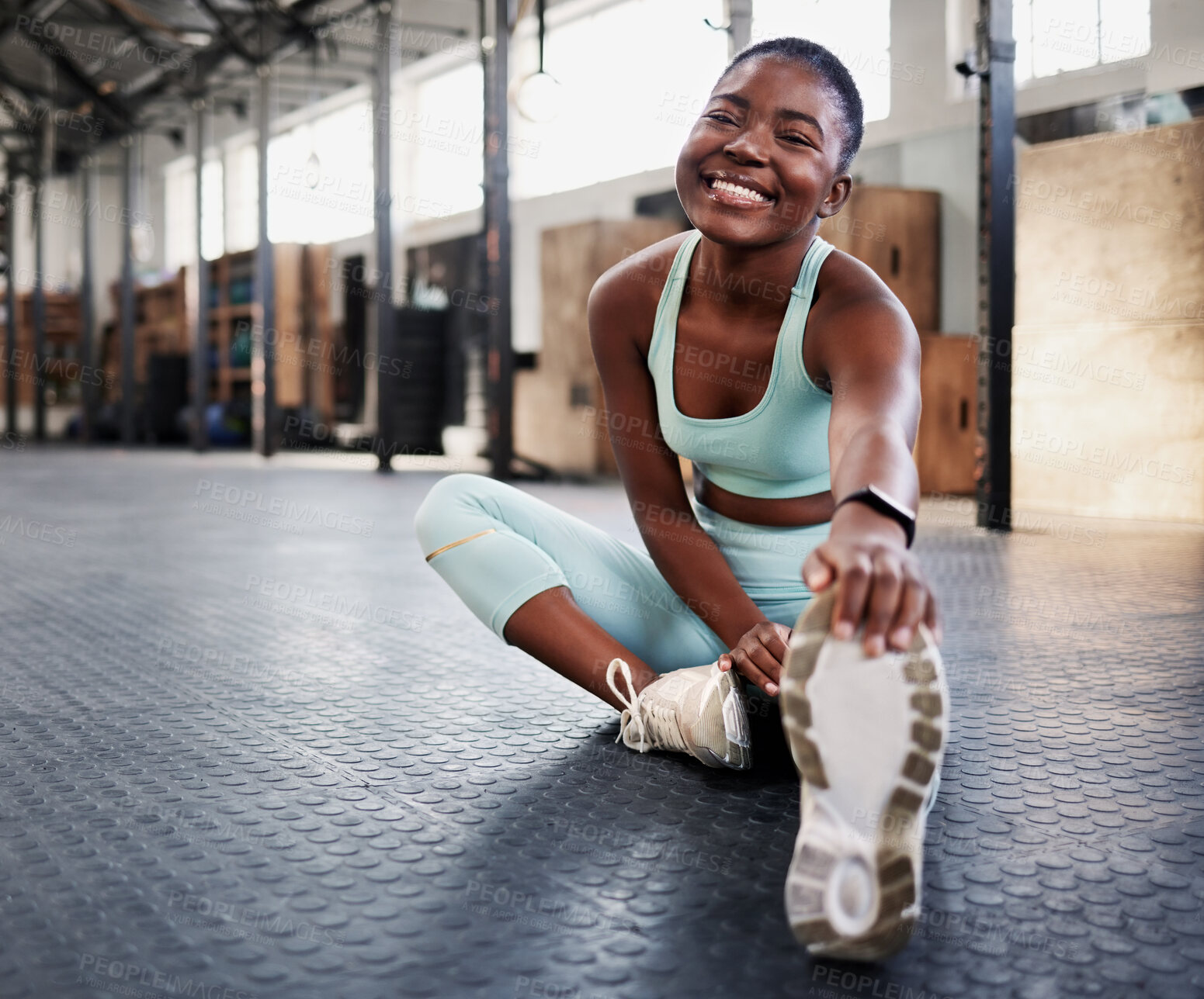 Buy stock photo Fitness, portrait or black woman stretching legs for gym workout routine or body movement for wellness Happy, athlete or healthy girl smiling in exercise training warm up for flexibility or mobility 