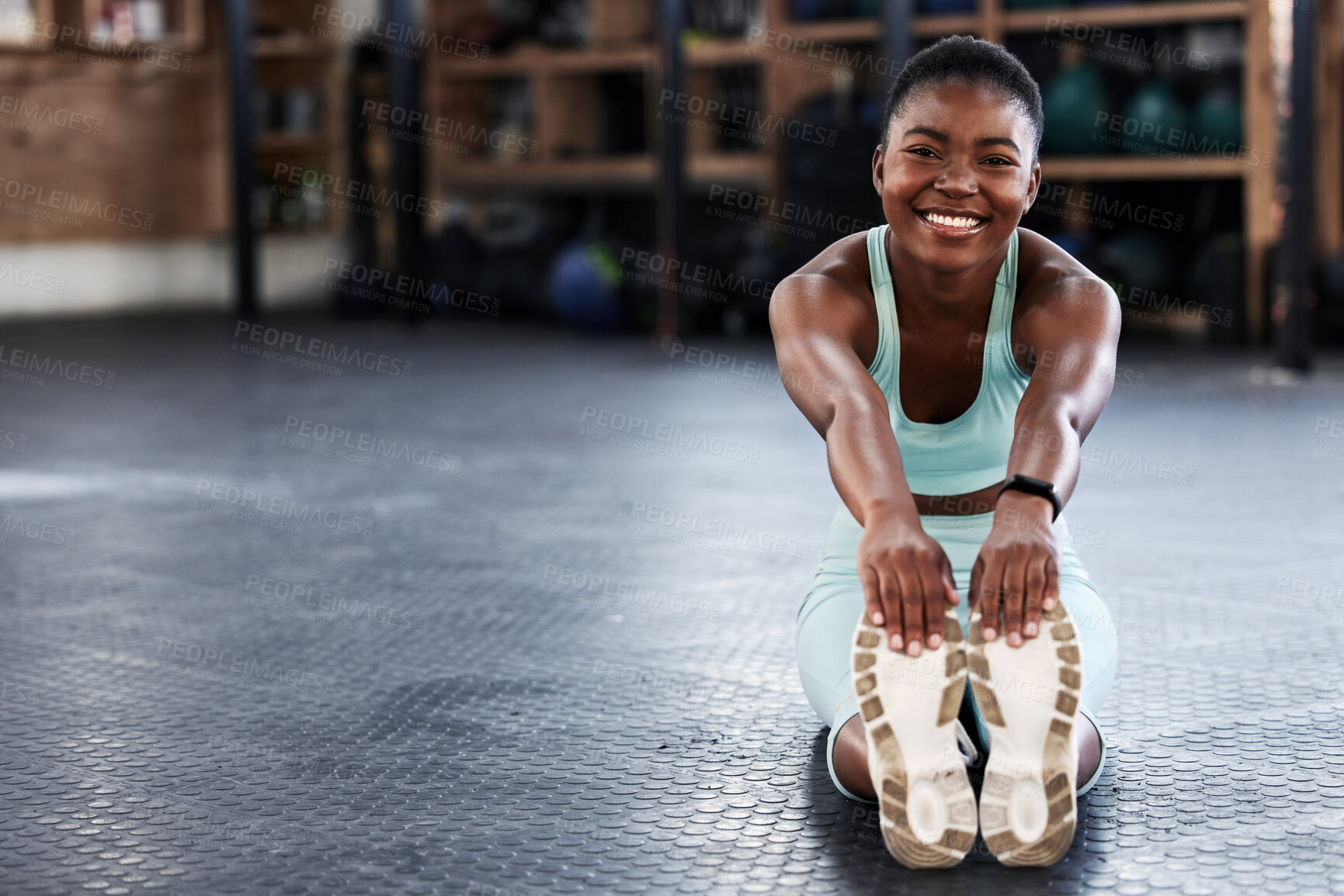 Buy stock photo Fitness, portrait or happy girl stretching legs for gym workout routine or body movement for wellness. Athlete or healthy black woman smiling in exercise training warm up for flexibility or mobility