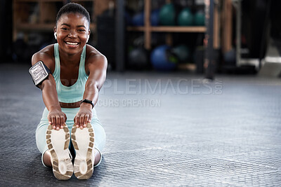 Buy stock photo Music, portrait or happy girl in gym stretching legs for fitness workout or body movement with audio. Streaming radio, headphones or black woman smiling in exercise training warm up for flexibility 