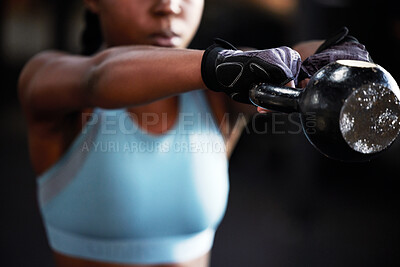 Buy stock photo Hands, kettlebell or strong woman in fitness training, workout or bodybuilding exercise for grip strength power. Body builder, blurry closeup or female sports athlete at gym lifting heavy weights 