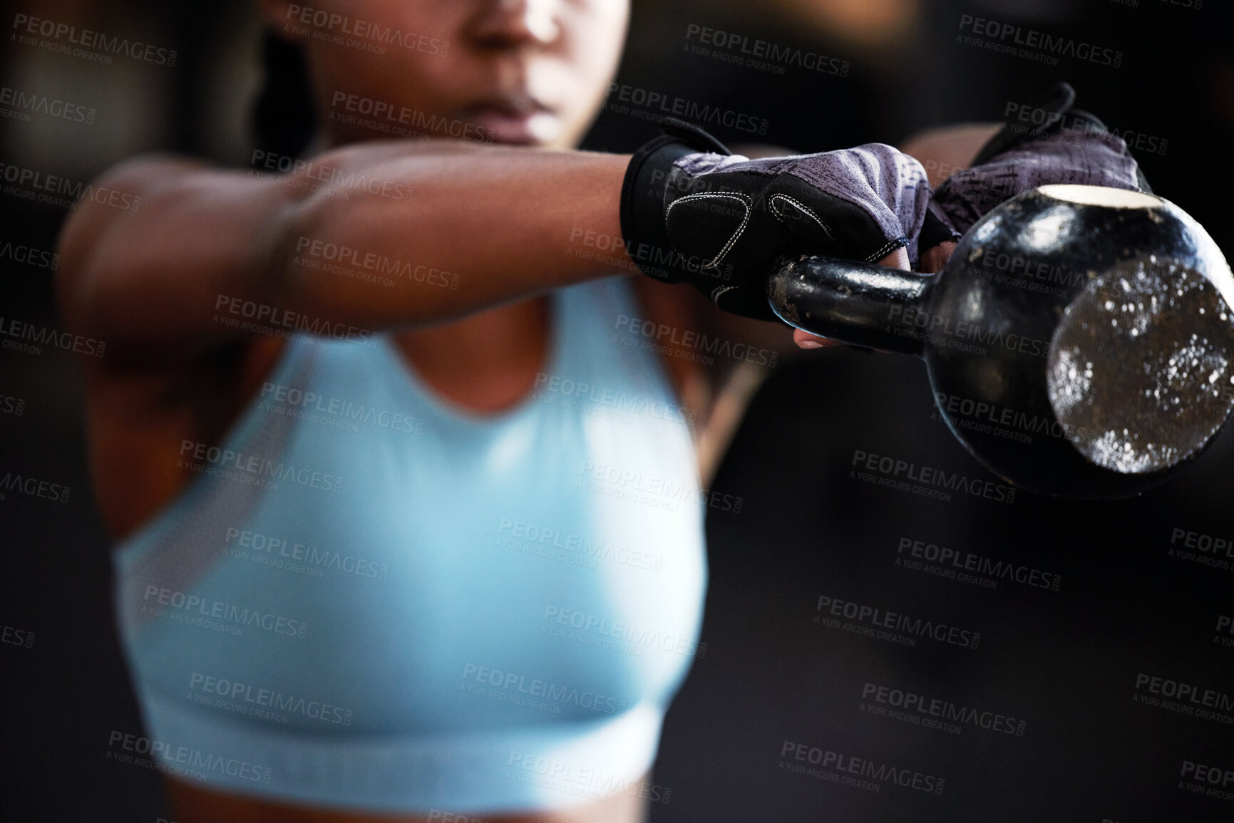 Buy stock photo Hands, kettlebell or strong woman in fitness training, workout or bodybuilding exercise for grip strength power. Body builder, blurry closeup or female sports athlete at gym lifting heavy weights 