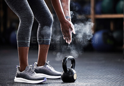 Buy stock photo Fitness, kettlebell or hands of woman with powder to start training, workout or exercise for grip strength. Body builder, floor or healthy athlete with chalk dust at gym ready for lifting weights 