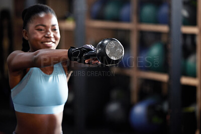 Buy stock photo Fitness, kettlebell or happy black woman in training, workout or bodybuilding exercise for grip strength power. Body builder, smile or strong African sports athlete with at gym lifting heavy weights 