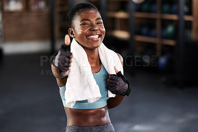 Buy stock photo Gym, portrait or happy black woman with thumbs up in fitness training with positive mindset or motivation. Encouragement, workout or excited personal trainer with like hand sign, support or thumb up 