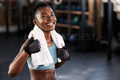Buy stock photo Gym, portrait or happy black woman with thumb up in fitness training with positive mindset or motivation. Encouragement, workout or excited personal trainer with like hand sign, support or thumbs up 