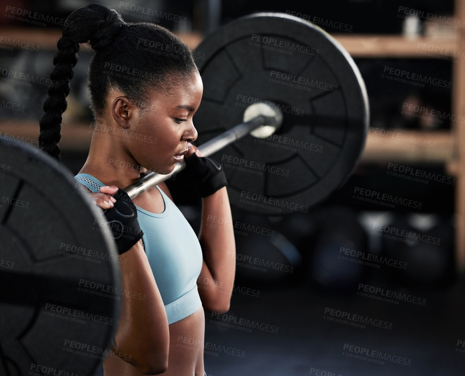 Buy stock photo Exercise, barbell and woman training, wellness and workout goal with fitness, strong or health. Female person, girl or athlete with gym equipment, bodybuilding or weightlifting with strength or power