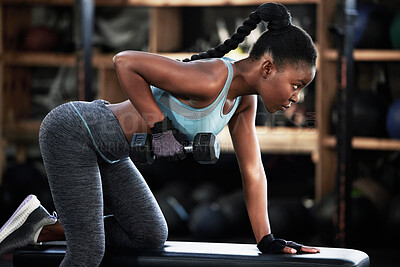 Buy stock photo Gym, dumbbell or strong black woman on bench training, exercise or workout for powerful arms or muscles. Wellness, health club or African girl lifting weights or exercising shoulders with fitness 