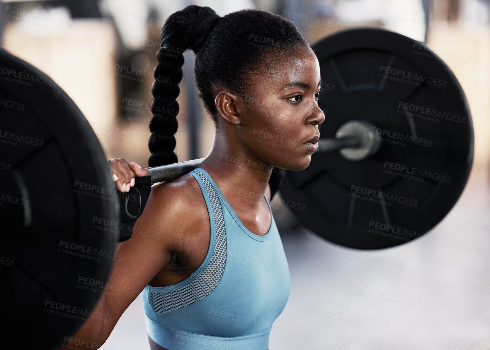 Buy stock photo Focus, barbell and woman training, exercise and workout goal with wellness, fitness and health. Female person, girl or athlete with gym equipment, strong or weightlifting with bodybuilding and sports