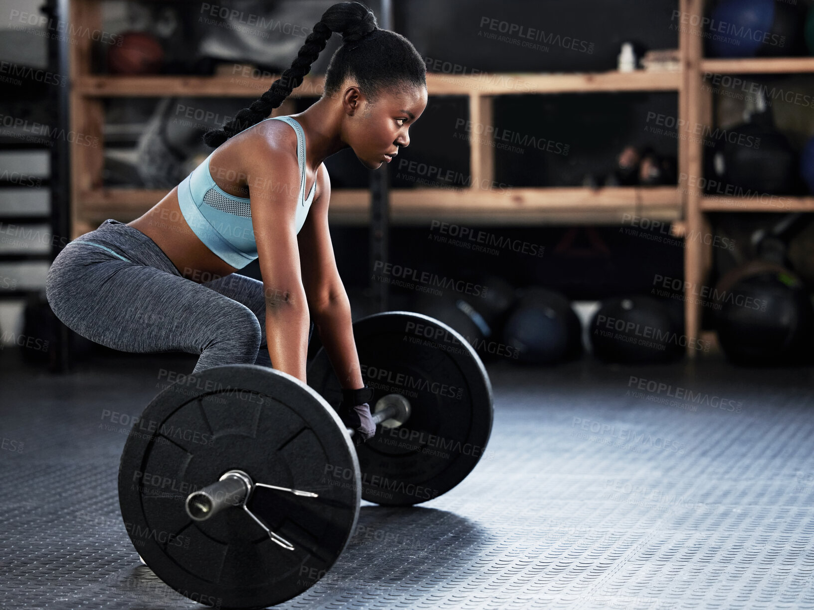 Buy stock photo Deadlift, barbell or strong girl training, exercise or workout for powerful arms or muscles for body fitness. Power lifter, strength or black woman athlete lifting weights or exercising biceps in gym