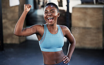 Buy stock photo Portrait, fitness or happy black woman flexing with strong biceps muscle or body goals in training workout. Exercise, powerful arms or healthy African girl sports athlete excited by results at gym 
