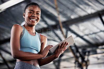 Buy stock photo Black woman, portrait or personal trainer with a tablet for fitness training, workout or sports exercise. Results, digital technology app or happy gym instructor planning a online coaching schedule