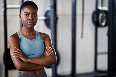 Buy stock photo Fitness, portrait or black woman at gym with arms crossed ready for a workout, exercise or training for health. Face of sports girl or serious athlete with strong mindset, resilience or confidence 