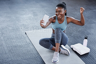 Buy stock photo Gym, flexing or happy black woman taking selfie on workout, exercise or training break on social media. Wellness, smile or healthy African girl relaxing or taking pictures for online fitness content