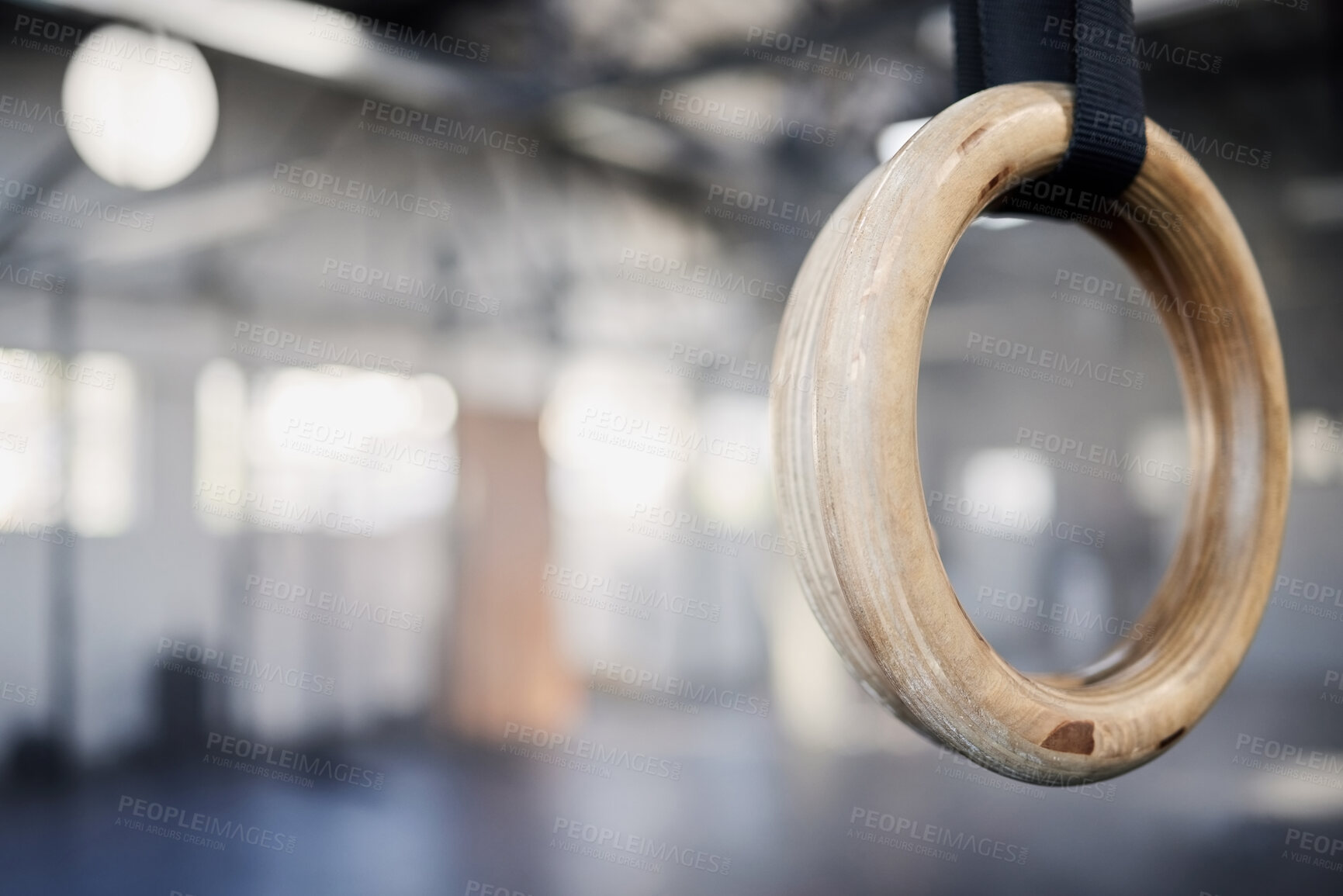 Buy stock photo Gym, equipment and rings for aerobic, gymnastic and sports for strong challenge. Functional fitness, tool and athletic for apparatus and training for health and wellness, workout and club for hanging