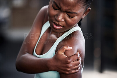 Buy stock photo Sports, health and woman with shoulder injury or pain or workout accident and on mockup. Fitness, train and African female athlete with a medical emergency or sprain muscle after a cardio exercise.