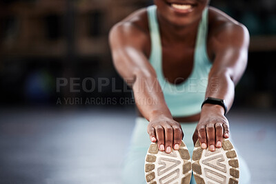 Buy stock photo Gym, hands or happy girl stretching legs for workout routine or body movement for active fitness. Smile, closeup blur or healthy woman smiling in exercise training warm up for flexibility or mobility