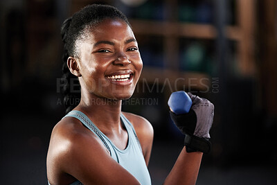 Buy stock photo Fitness portrait, dumbbell or happy black woman training, exercise or workout for powerful arms or muscles. Smile, face or African girl lifting dumbbells, weights or exercising biceps in gym studio
