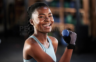 Buy stock photo Gym portrait, dumbbell or happy black woman training, exercise or workout for powerful arms or muscles. Smile, face or African girl lifting dumbbells, weights or exercising biceps in fitness studio