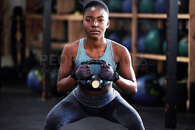 Buy stock photo Fitness, kettlebell squat or portrait of black woman in training, workout or bodybuilding exercise for grip. Body builder, power or strong sports athlete with at gym to start lifting heavy weights