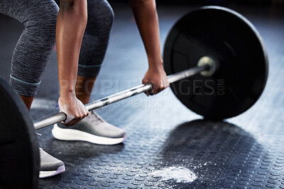 Buy stock photo Woman, barbell or hands of bodybuilder for deadlift workout, fitness exercise or strength training with powder. Powerlifting closeup or girl sports athlete weightlifting with chalk dust on gym floor