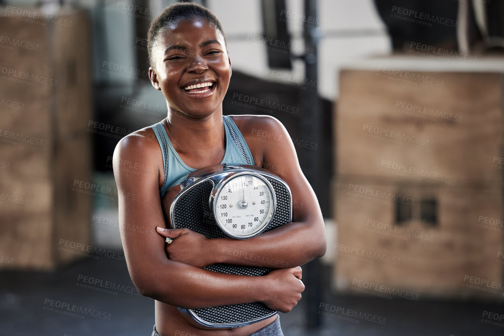 Buy stock photo Fitness, portrait or happy black woman with a scale after body training or gym workout to lose weight. Wellness, laughing or funny girl athlete in health club for exercising progress or results 
