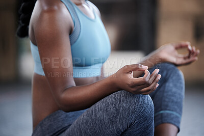 Buy stock photo Hands, gym or woman in yoga meditation lotus pose for awareness development or healthy wellness. Chakra closeup, mudras or calm girl sitting for exercise, workout or training in zen fitness studio