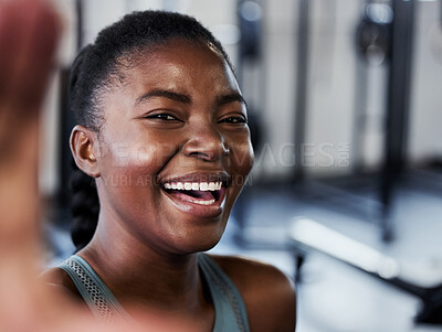 Buy stock photo Gym, portrait or black woman laughing in selfie on workout, exercise or training break on social media. Funny influencer, face or happy African girl smiling for pictures or online fitness content 