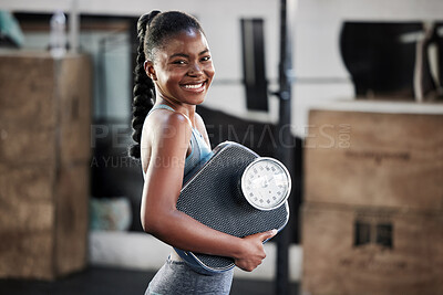 Buy stock photo Gym, portrait or happy black woman with scale after body training or fitness workout to lose weight. Wellness, personal trainer or African girl athlete in health club for exercising progress results