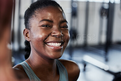 Buy stock photo Gym, portrait or black woman with smile in selfie on workout, exercise or training break on social media. Funny influencer, face or happy African girl smiling for pictures or online fitness content 