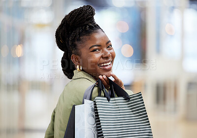 Buy stock photo Black woman, shopping bag and portrait smile for discount, payment or sale in fashion at retail mall or store. Happy African female person or shopper smiling with gift bags, products or purchase