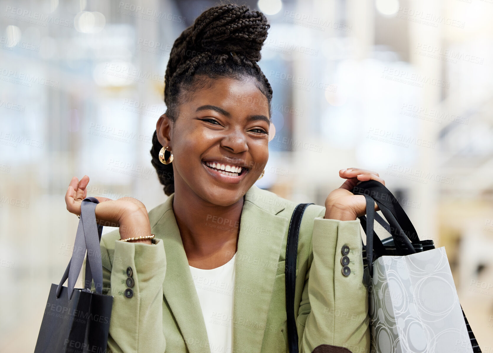 Buy stock photo Black woman, shopping bag and portrait smile in sale, discount or payment for fashion at retail mall or store. Happy African female person or shopper smiling with gift bags, products or purchase