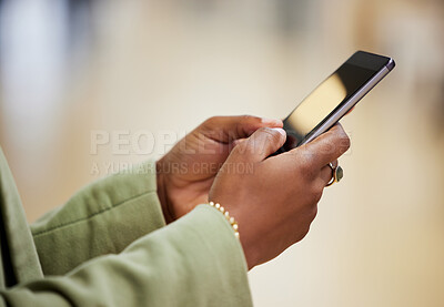 Buy stock photo Woman, hands and phone screen typing in social media for communication, web or networking on mockup. Hand of female person on mobile smartphone app for online chatting or texting on mock up display
