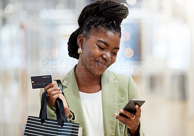 Buy stock photo Credit card, face and woman with phone for shopping, sales or smile of person at mall, fashion or shop at clothing store. Girl, discount and mobile payment for purchase, bags and happy customer