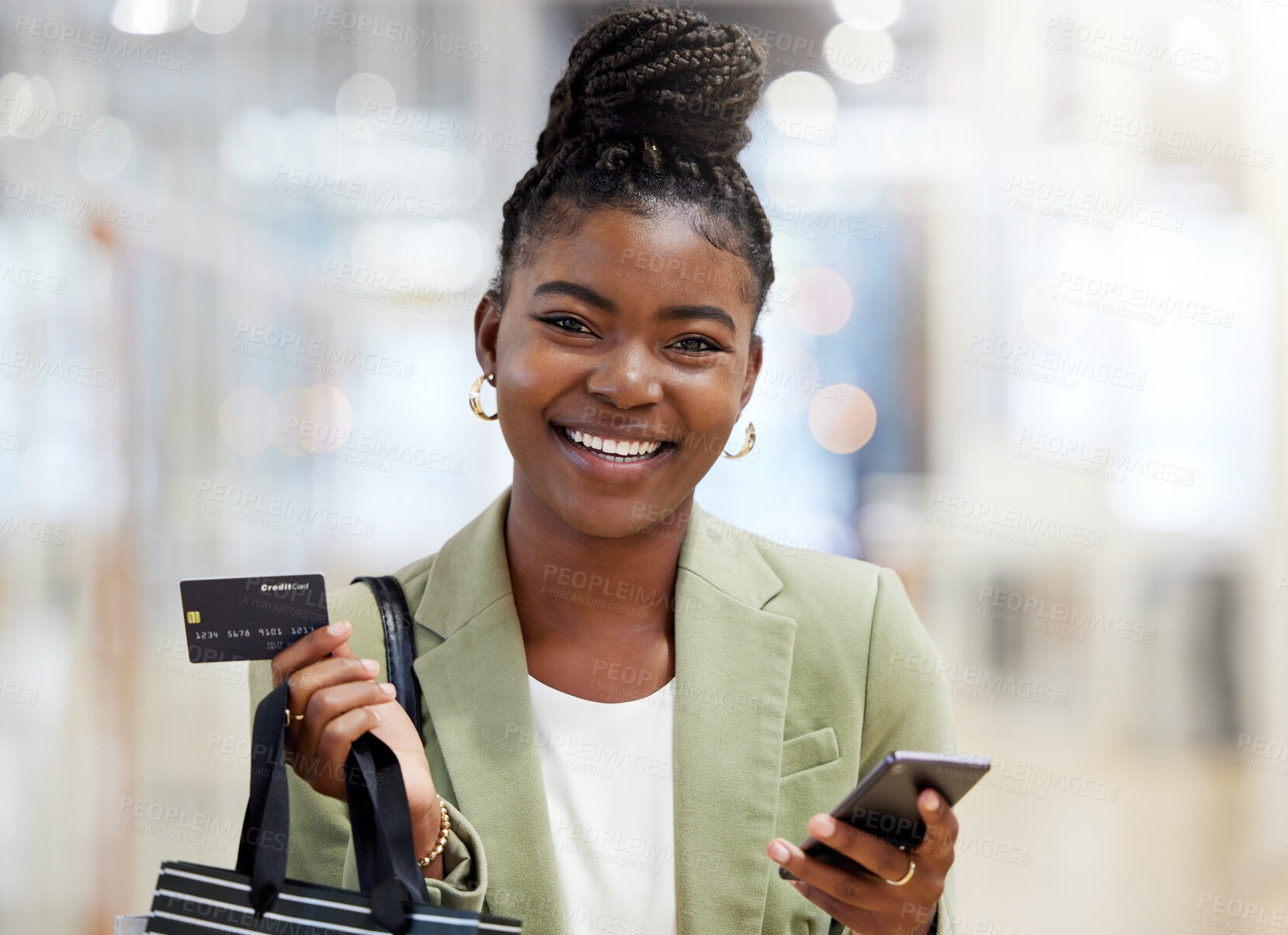 Buy stock photo Credit card, woman and portrait of discount shopping, sales or smile of person at mall, fashion or shop at clothing store. Girl, phone and mobile payment for purchase, bags and happy customer