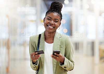Buy stock photo Black woman, portrait and phone with credit card in ecommerce, payment or banking at mall. Happy African female person or shopper smiling on mobile smartphone for bank app, buy or online shopping